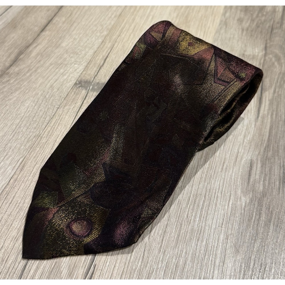 Bachrach 100% Silk Green/Purple/Brown Geometric Abstract Woven Designer Tie